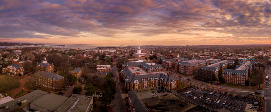 Annapolis Maryland Capitol Aerial view panorama at sunset