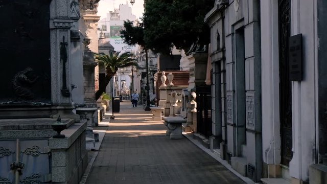 Street junction at daytime in La Recoleta Cementery panning right to left