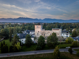 Fototapeta na wymiar Aerial sunset view of Liptovsky Hradok renaissance luxury castle hotel in Slovakia