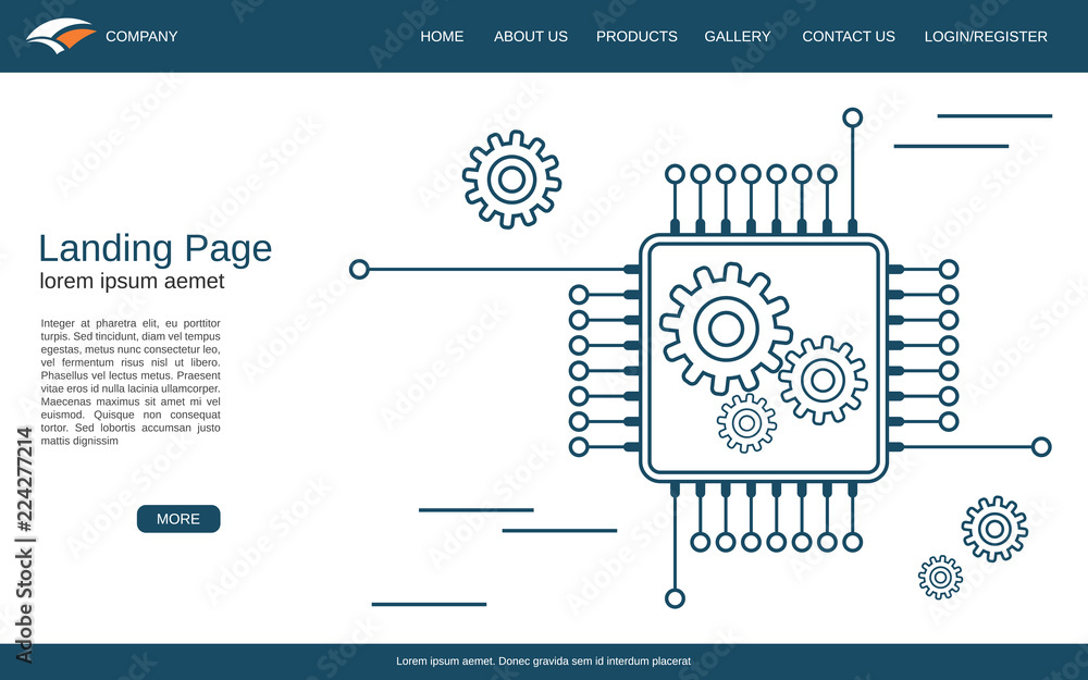 Poster website landing page vector template. white background with processor thin line illustration