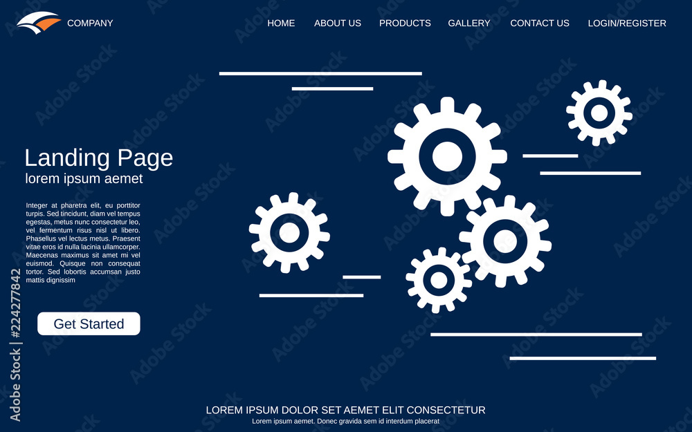 Poster website landing page vector template. blue background with abstract cogwheels