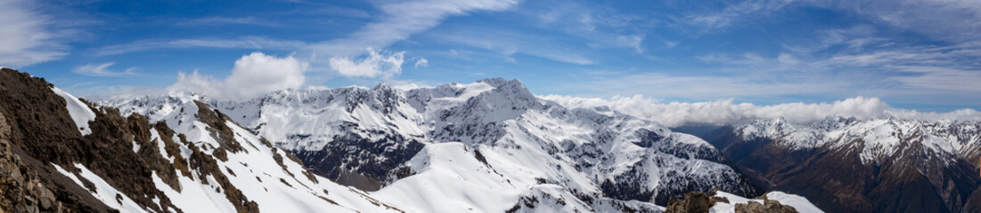A panorama view of Mt Rolleston from the summit of Avalanche Peak, Arthurs Pass, New Zealand