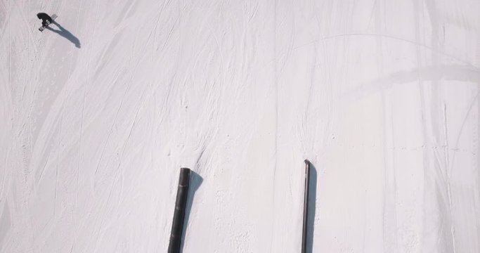 Drone Aerial top view of a Snow Park with Snowboard Trick Iron Pipe jump during Winter Season in Pila Station, Valle D'Aosta, Italy