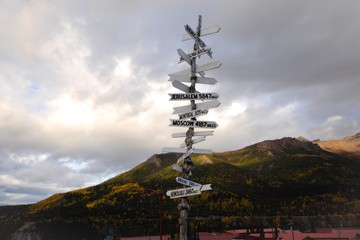 A sign post with many options in Alaska