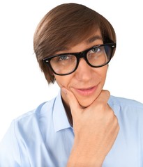 Smart young man holding chin