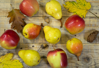 Apples and pears on on wooden background. Autumn ambience