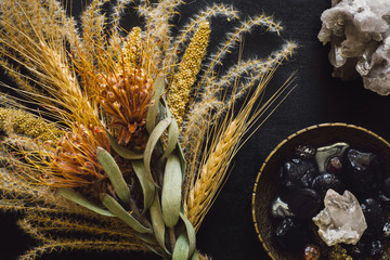 Dried Feather Grass and Flowers with Brass Bowl of Crystals and Quartz