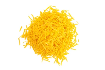 Foto auf Acrylglas Pile of Grated Cheddar Cheese on a White Background © pamela_d_mcadams