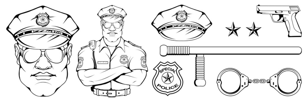 policeman standing in a different pose, weapon, police officer in uniform, officer logo, officer hat, gun, professional police character, handgun, vector graphics to design