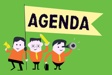 Text sign showing Agenda. Conceptual photo To do list of items be discussed at formal important meeting.