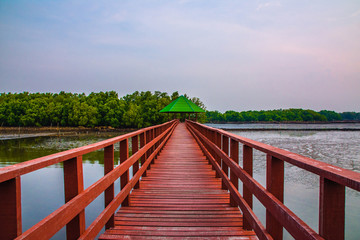 Naklejka premium red bridge travel in morning at sea and beach sunlight beauty in nature