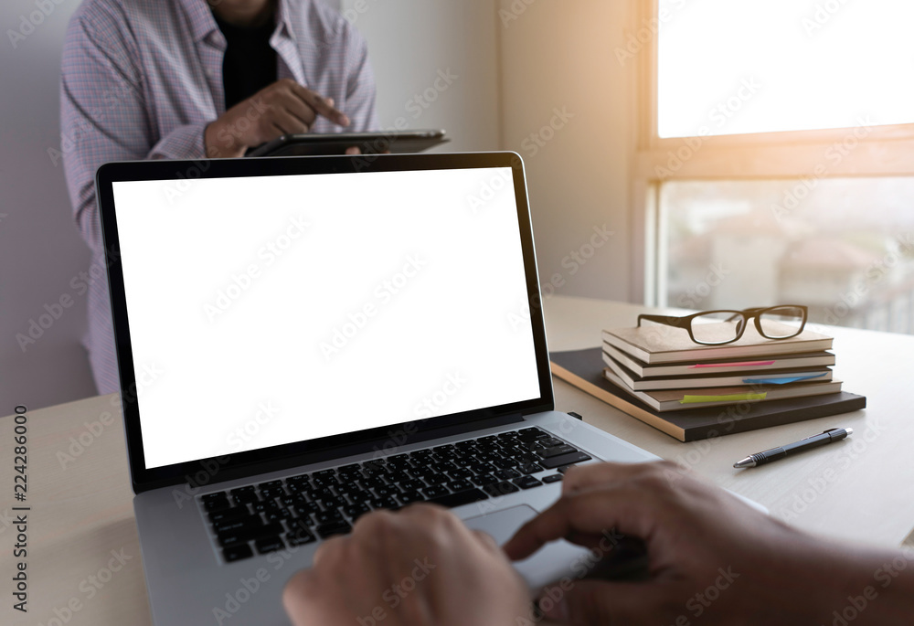 Poster mock up using laptop with blank screen computer modern