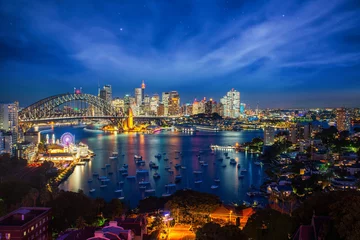 Foto op Canvas Panorama van de haven en de brug van Sydney in de stad van Sydney © anekoho