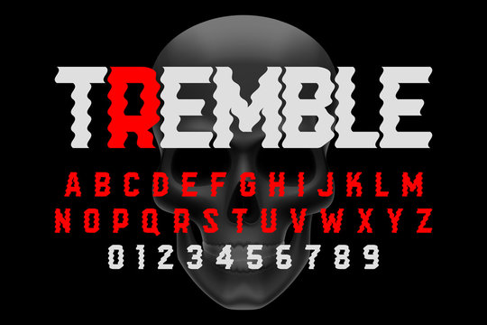 Trembling font design, Halloween style alphabet letters and numbers