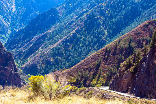 East Portal Road descends in a steep, winding trajectory through Black Canyon of the Gunnison National Park to the Gunnison River in Colorado