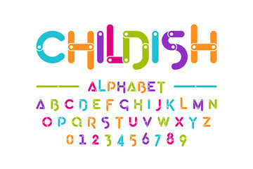Childish colorful font, construction set alphabet letters and numbers