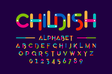 Childish colorful font, construction set alphabet letters and numbers