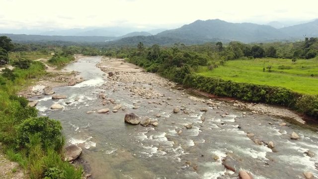 Aerial view of the town of Archidona in Napo province, Ecuador. Rio Misahualli flows through the town