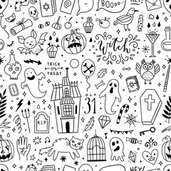 Halloween seamless pattern design. Background with cute outline Halloween party illustrations: witchcraft, pumpkins, ghosts, magic objects
