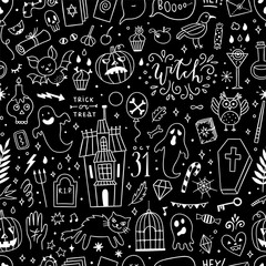Happy Halloween seamless pattern with cute doodle magic illustrations. Background with Halloween symbols and icons
