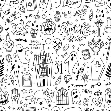 Halloween seamless pattern design. Background with cute outline Halloween party illustrations: witchcraft, pumpkins, ghosts, magic objects