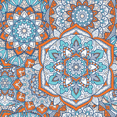 Seamless mandala pattern for printing on fabric or paper. Hand drawn background. Colorful, bright print.