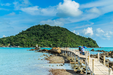 Scenic View Of Seascape with Wooden bridge Against Cloud Sky at Chanthaburi, Thailand. Beautiful Seascape.