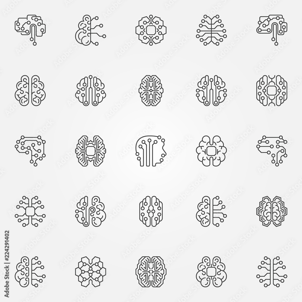 Poster digital brain outline icons set. cyberbrain vector line symbols