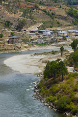 Fototapeta na wymiar View of a river. On the way to Dzong. Punakha