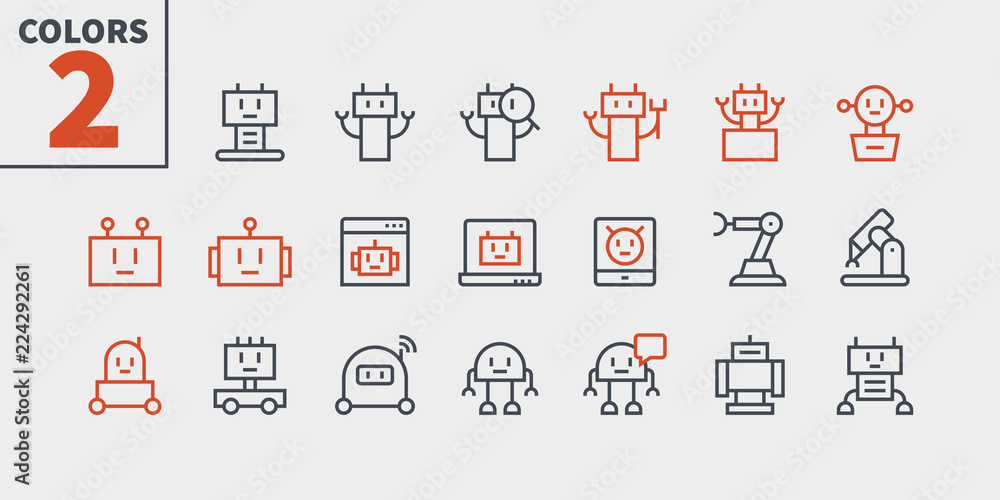 Poster robots pixel perfect well-crafted vector thin line icons 48x48 ready for 24x24 grid for web graphics