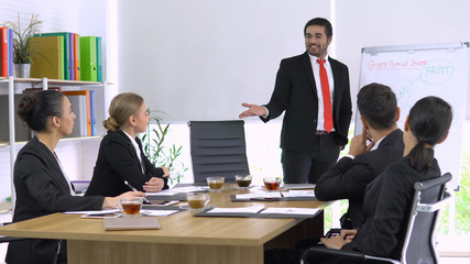 Boss explaining about his project in meeting room.