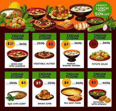 Indian cuisine menu with national dishes