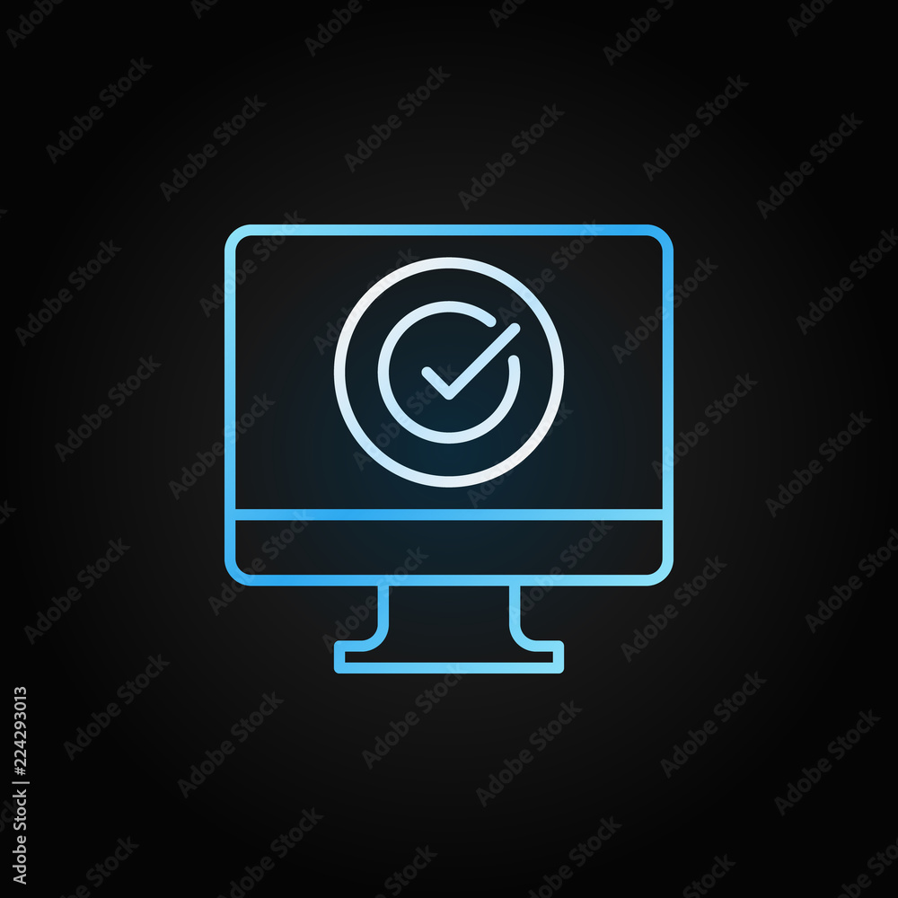 Poster pc with check mark blue linear vector icon