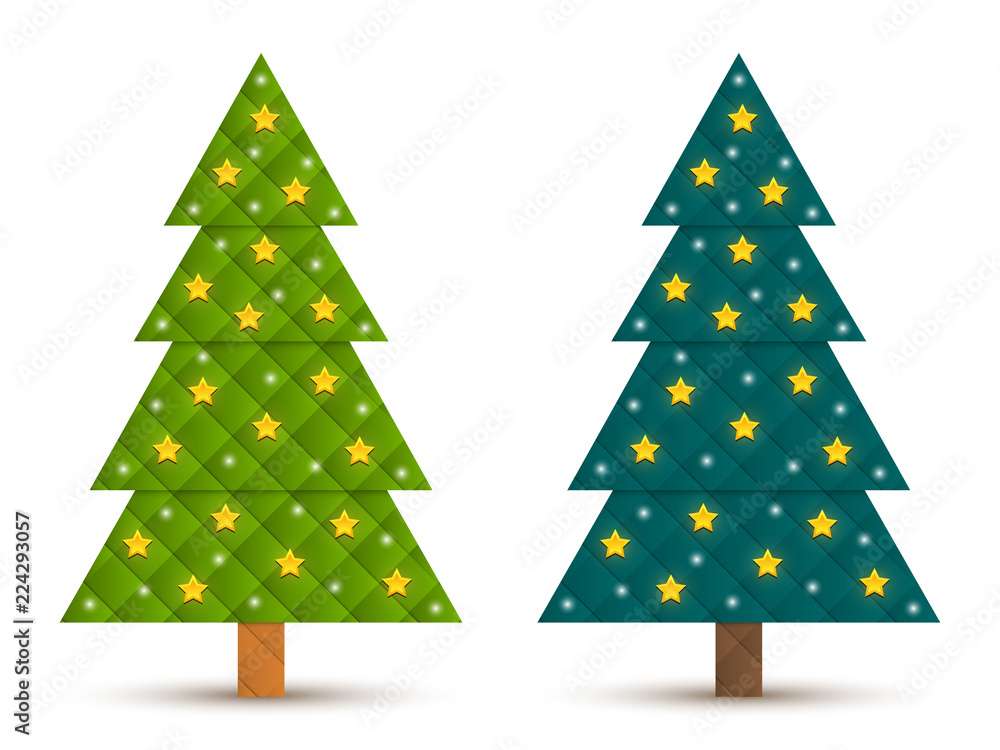 Aufkleber set 5 of abstract geometric decorated coniferous trees with stars. two shades of green. vector eps 1