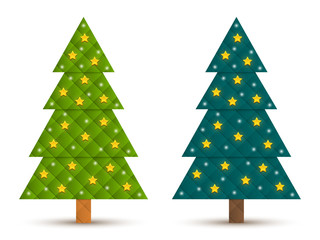 Set 5 of abstract geometric decorated coniferous trees with stars. Two shades of green. Vector EPS 10
