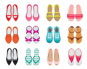 Set Of Different Types Of Women's Shoes Pair, Top View, Footwear, Fashion, Objects