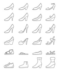 Set Of Different Types Of Women's Shoes, Outline, Side View, Footwear, Fashion, Objects
