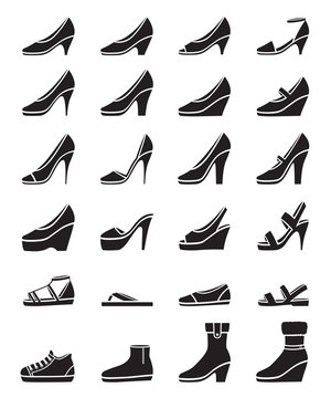 Set Of Different Types Of Women's Shoes, Monochrome, Side View, Footwear,  Fashion, Objects Stock Vector | Adobe Stock