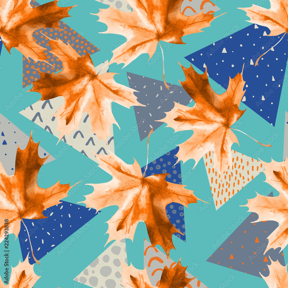 Wall mural watercolor maple leaf, triangles with minimal, grunge textures.