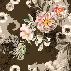 Tapeten Braun Aquarell- und Tintengekritzelblumen, Blätter, Unkräuter auf nahtlosem Muster der Paisley-Silhouette.