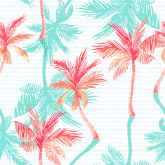Fototapeta na wymiar Watercolor palm trees, textured shadows on simple striped background