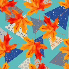 Watercolor maple leaf, triangles with minimal, grunge textures.