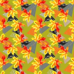 Deurstickers Aquarel esdoornblad, driehoeken met marmer, grunge texturen. © Tanya Syrytsyna