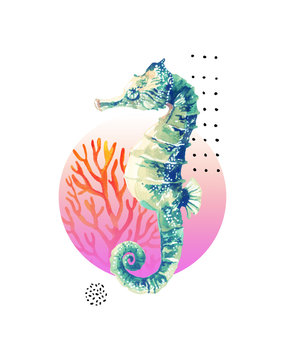Watercolor seahorse, coral reef in gradient colored circle with doodle elements isolated on white background