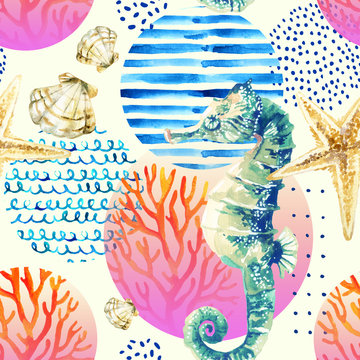 Watercolor seahorse, coral reef in gradient colored circle with doodle elements on pastel background