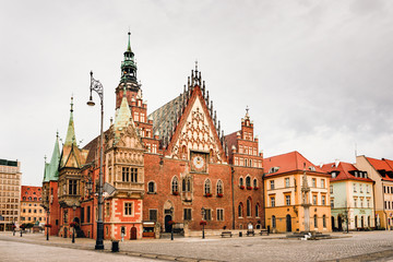 Morning scene on Wroclaw Market Square with Town Hall. Cityscape in historical capital of Silesia, Poland, Europe