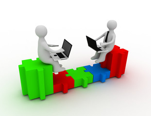 Two people with laptops sitting on puzzle pieces, are connected