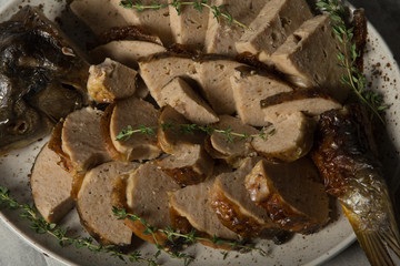 top view closeup plate served with sliced stuffed fish