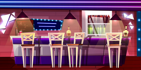 Bar or pub counter vector illustration in night club or hotel interior Cartoon flat design of alcohol drinks bottles on refrigerator self with chair seats and barista menu board.