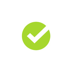 Tick icon vector symbol, green checkmark isolated on white background, checked icon or correct choice sign in round shape, check mark or checkbox pictogram